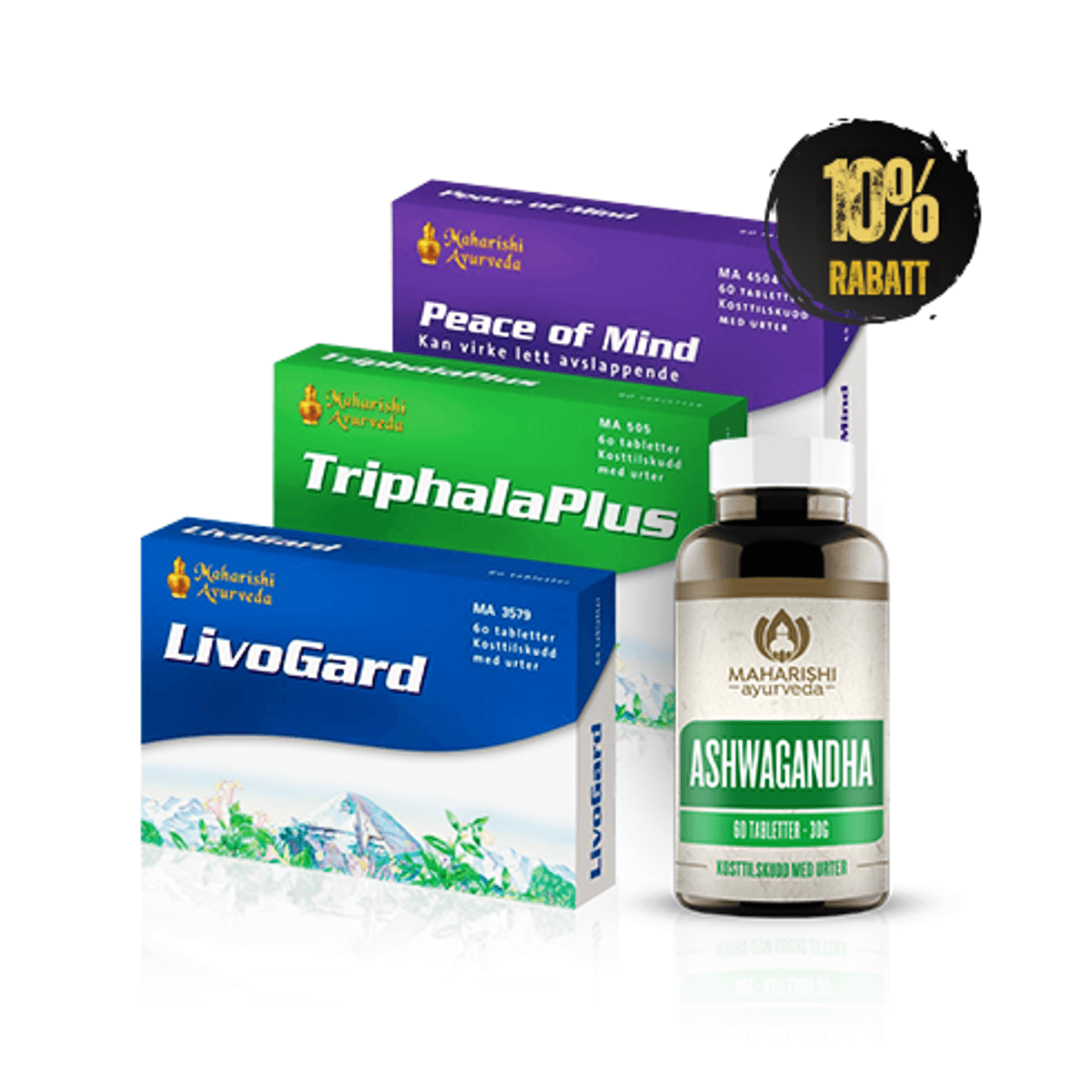 Ayurvedisk Energi Grunnpakke (Ashwa + Livo + Peace + Triph)